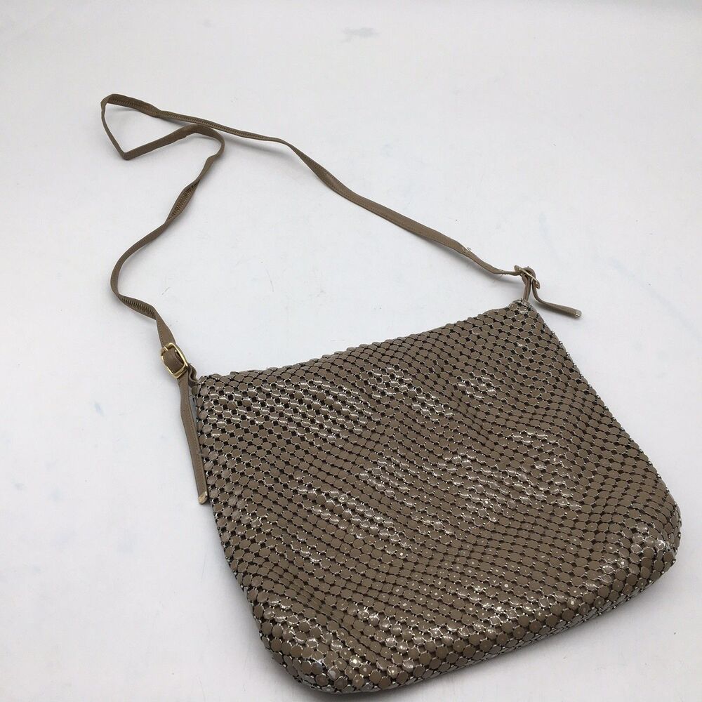 Vintage Whiting & Davis Metal Mesh Evening Bag Crossbody Taupe Chainmail Glam